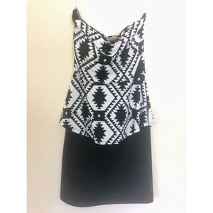 Route Black & White Strapless Dress w Flared Waist